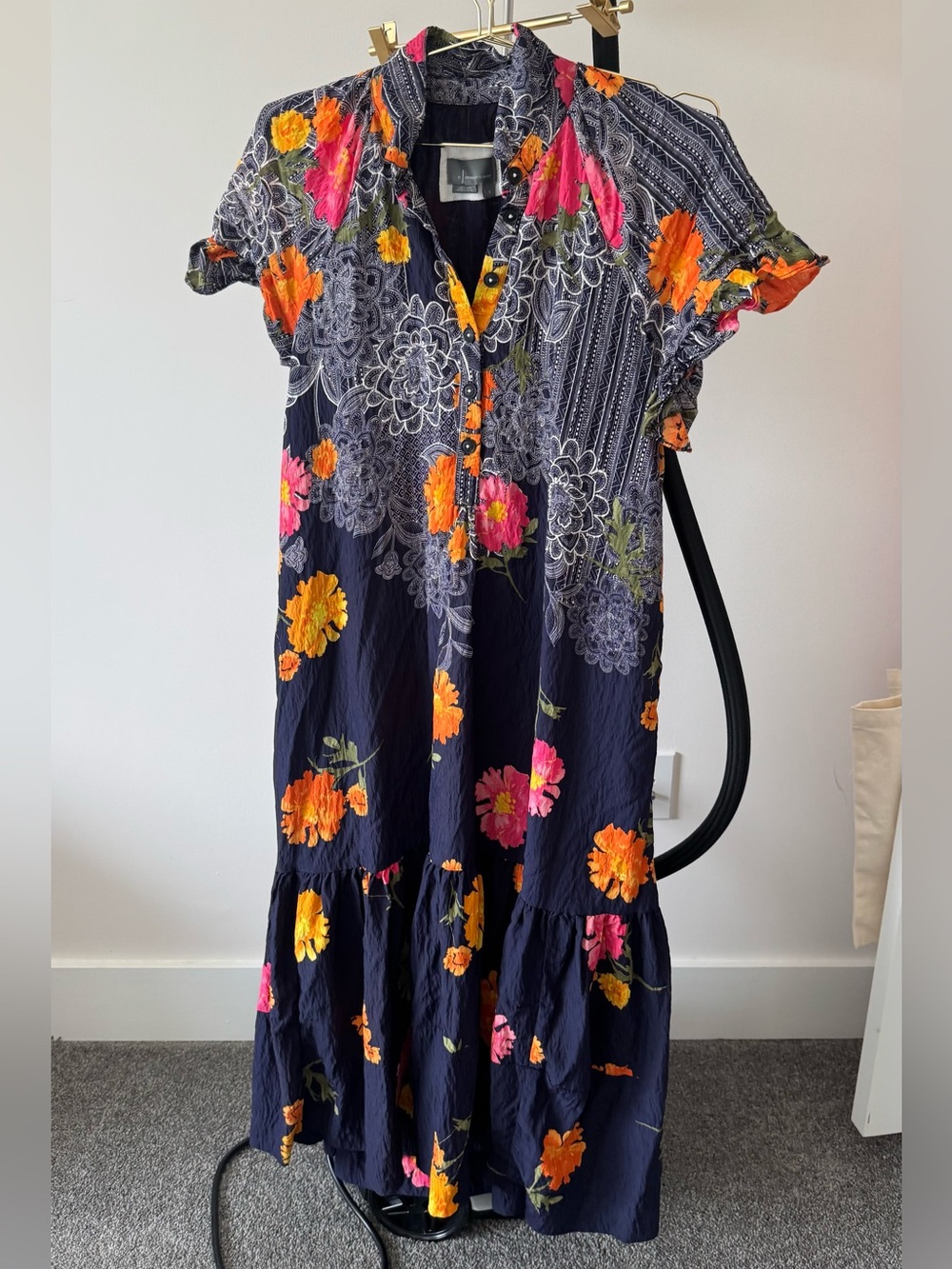 Anthropologie Navy Midi Dress with Orange & Pink Floral Motif - Picture 4 of 5